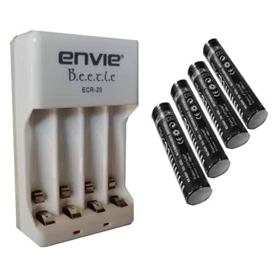 ENVIE AAA 1100 mA Ni-mH Rechargeable (4 Pcs.) + ECR20 (1 Pc.) + Camera Battery Charger (White, Black)