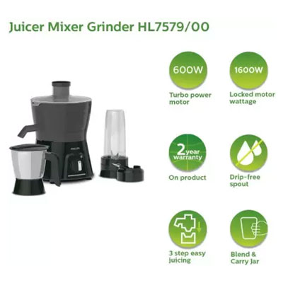 Philips AVENGER HL7579 600W Turbo Juicer Mixer Grinder (Black, 2 Jars)