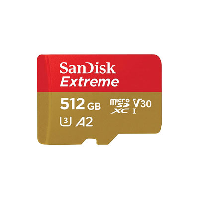 Sandisk 512GB Extreme microSDXC, U3, C10, V30, UHS 1, 160MB/s R, 90MB/s W, A2 Card, for 4K Video Rec on Smartphones, Action Cams & Drones  