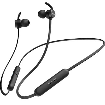 Philips TAE1205BK/00 Bluetooth Neckband with 7 Hours of Playtime USB-C Type Quick Charge, Magnetic Tips (Black)  